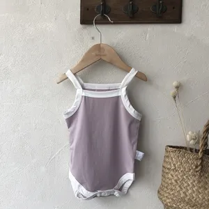 Baby summer strap romper, Korean style infant sleeveless bodysuit, cute baby clothes detail view.