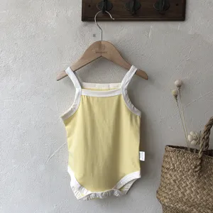 Summer baby yellow cotton strap romper bodysuit, cute sleeveless newborn baby clothes crawler.