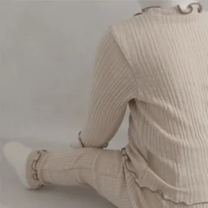 Infant baby girls ribbed long sleeve t shirt pants set cute lettuce edge sleepwear