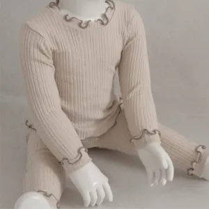 Baby ribbed long sleeve t-shirt and pants set with cute lettuce trim for toddler girls.