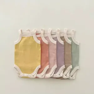 Baby summer sleeveless strap romper bodysuit, pastel colors infant crawling clothes detail.