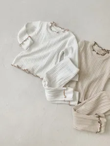 Infant ribbed long sleeve t-shirt and pp pants set, cute lettuce trim baby lounge wear.
