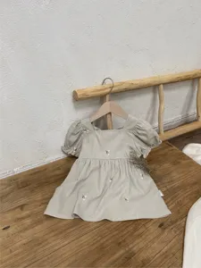 Toddler girls short sleeve floral embroidered square collar cotton dress detail view