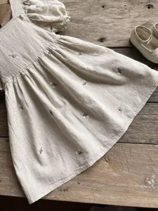 Girls summer linen dress puff sleeve toddler cute floral embroidered children beach long dress