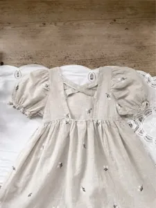 Toddler girls linen cotton embroidered dress puff sleeve cross back summer beach wear