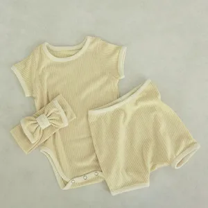 Infant baby cotton ribbed short sleeve romper shorts and headband set summer clothing