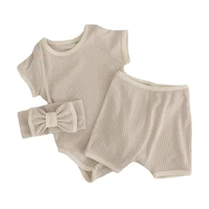 Ribbed baby romper shorts set with cute bow headband for summer infant daily wear.