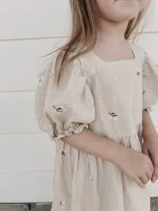 Girls summer cotton dress detail, cute puff sleeve embroidered floral toddler beach dress.