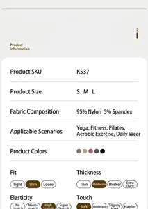 Gráfico de detalles del producto con composición de tela y tallas para mallas de yoga.