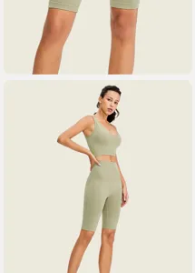 Conjunto de yoga fitness sin costuras vista detallada, shorts de talle alto y sujetador deportivo.