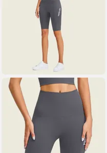Primer plano de pantalones cortos de ciclismo de fitness sin costuras de talle alto gris oscuro.