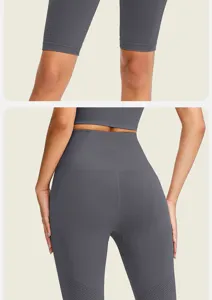 Vista detallada de pantalones cortos de fitness sin costuras de cintura alta grises.