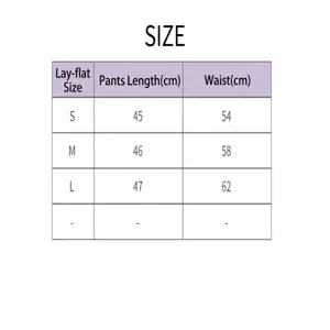 Tabla de tallas detallada para pantalones de yoga fitness de mujer con medidas de largo y cintura.