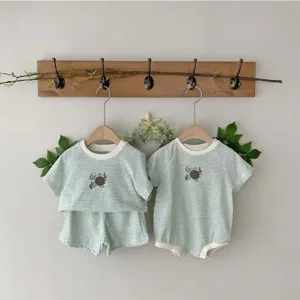 Baby summer striped short-sleeve top shorts set and romper with cute turtle embroidery detail.