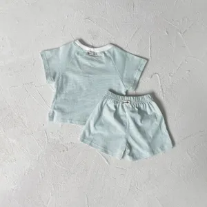 Baby summer short sleeve top and shorts set, light green striped casual clothing outfit.