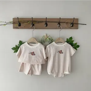 Infant baby summer striped clothing set with cute fish embroidery close up detail view