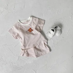 Baby summer striped short sleeve t-shirt shorts set with cute fish print for toddlers.