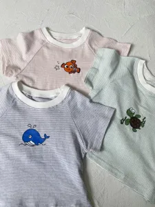 Baby summer striped short-sleeve t-shirt with cute animal prints, soft and breathable fabric.