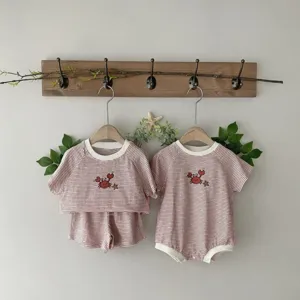 Cute baby striped short-sleeve romper and two-piece set with adorable crab embroidery.