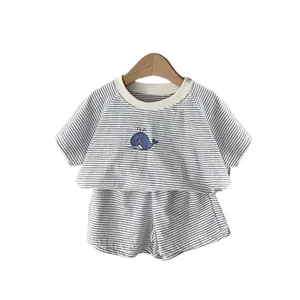 Baby summer striped t-shirt and shorts set with cute whale embroidery, breathable toddler outfit.