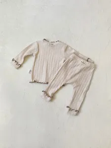 Cute infant baby ribbed long sleeve t-shirt and big PP pants set with lettuce trim design.