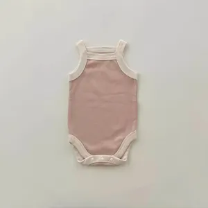 Baby summer sleeveless strap romper, pink white colorblock, soft and breathable baby bodysuit.