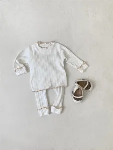 Baby girls ribbed long sleeve top and pants set with cute lettuce edge lounge wear outfit