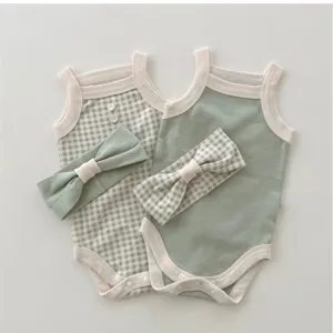 Summer baby strap romper set with matching bow headband, cute green and gingham styles.