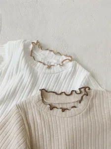 Infant ribbed long sleeve t-shirt with lettuce edge collar, soft baby daily wear.