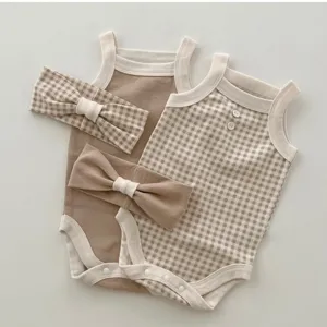 Cute baby romper set sleeveless bodysuit with matching bow headbands infant summer clothes.