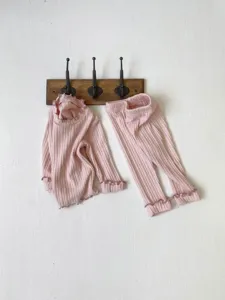 Baby pink ribbed long sleeve top and leggings set infant toddler cute home clothes outfit