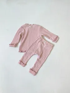 Pink ribbed baby girls long sleeve t-shirt and big pp pants set cute infant home wear outfit