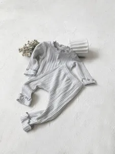 Baby ribbed long sleeve top and pants set cute lettuce trim grey infant home wear detail