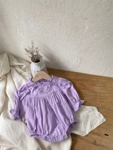 Infant baby girl autumn cotton romper with cute floral collar and lovely embroidery details.