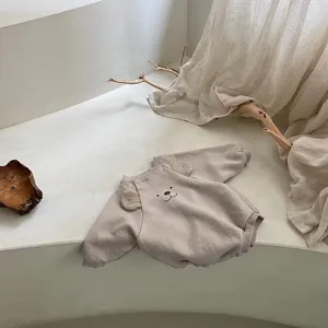 Cute infant baby bear print romper with cute ear patch design, soft cotton long sleeve jumpsuit.