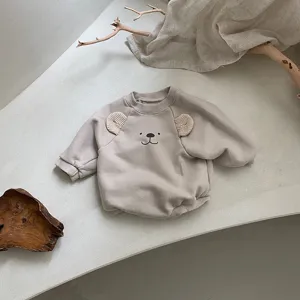 Cute baby bear ear sweatshirt romper detail, soft cotton fabric, cozy long sleeve bodysuit.