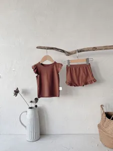 Infant summer baby cotton ribbed flutter sleeve top and shorts set, comfortable and cute.