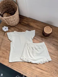 Baby summer cotton ribbed ruffle sleeve t-shirt and bloomers set in creamy white color.