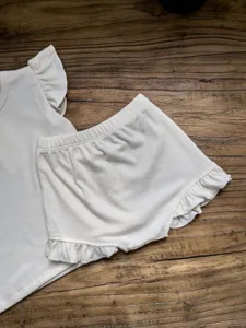 Infant baby summer cotton ribbed ruffle sleeve top and cute bloomers set closeup view