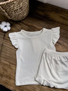 Baby summer ribbed cotton fly sleeve top and bloomer shorts set, soft infant clothing.
