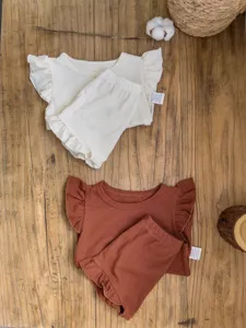 Baby summer ribbed ruffle T-shirt and PP pants set, infant cotton short sleeve cute outfit.