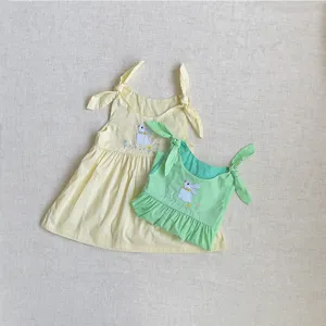 Joli ensemble robe d'été à bretelles pour bébé avec broderie lapin robes sans manches.