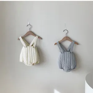Cozy baby quilted strap romper, thick cotton infant bodysuit for autumn and winter daily wear.