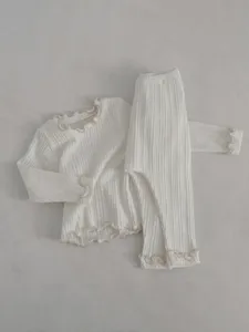 Baby girl ribbed long sleeve top and pants set with cute lettuce trim, comfortable home wear pajama.