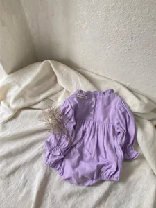Cute baby infant purple long sleeve romper bodysuit with cute collar detail and soft fabric.