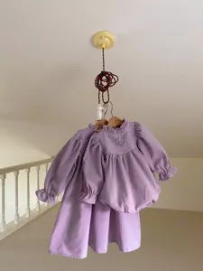 Cute baby girl purple dress set with embroidered collar and long sleeves for autumn wear.