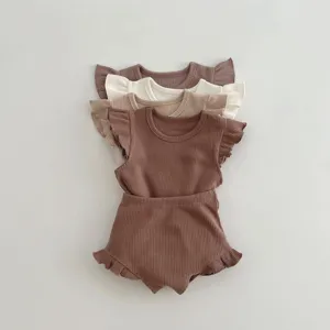 Infant ribbed flutter sleeve top and shorts set detail view, soft summer baby clothing.