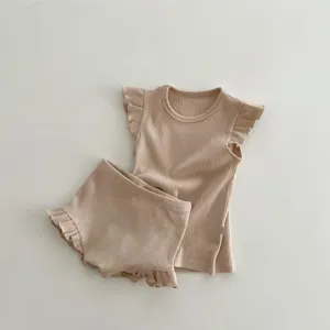 Infant ribbed summer outfit set, cute ruffle sleeve top and bloomers for baby boy and girl daily wear.