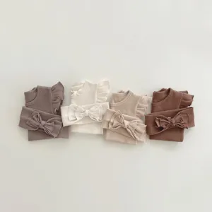 Baby ribbed ruffle sleeve top and shorts set in four neutral earth tone colors detail.
