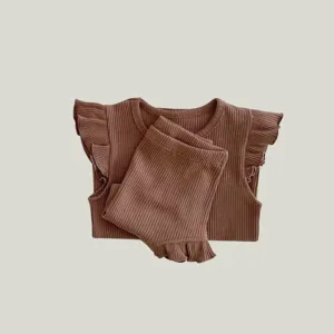 Infant baby cotton ribbed ruffle sleeve top and shorts set detail view, comfortable daily wear